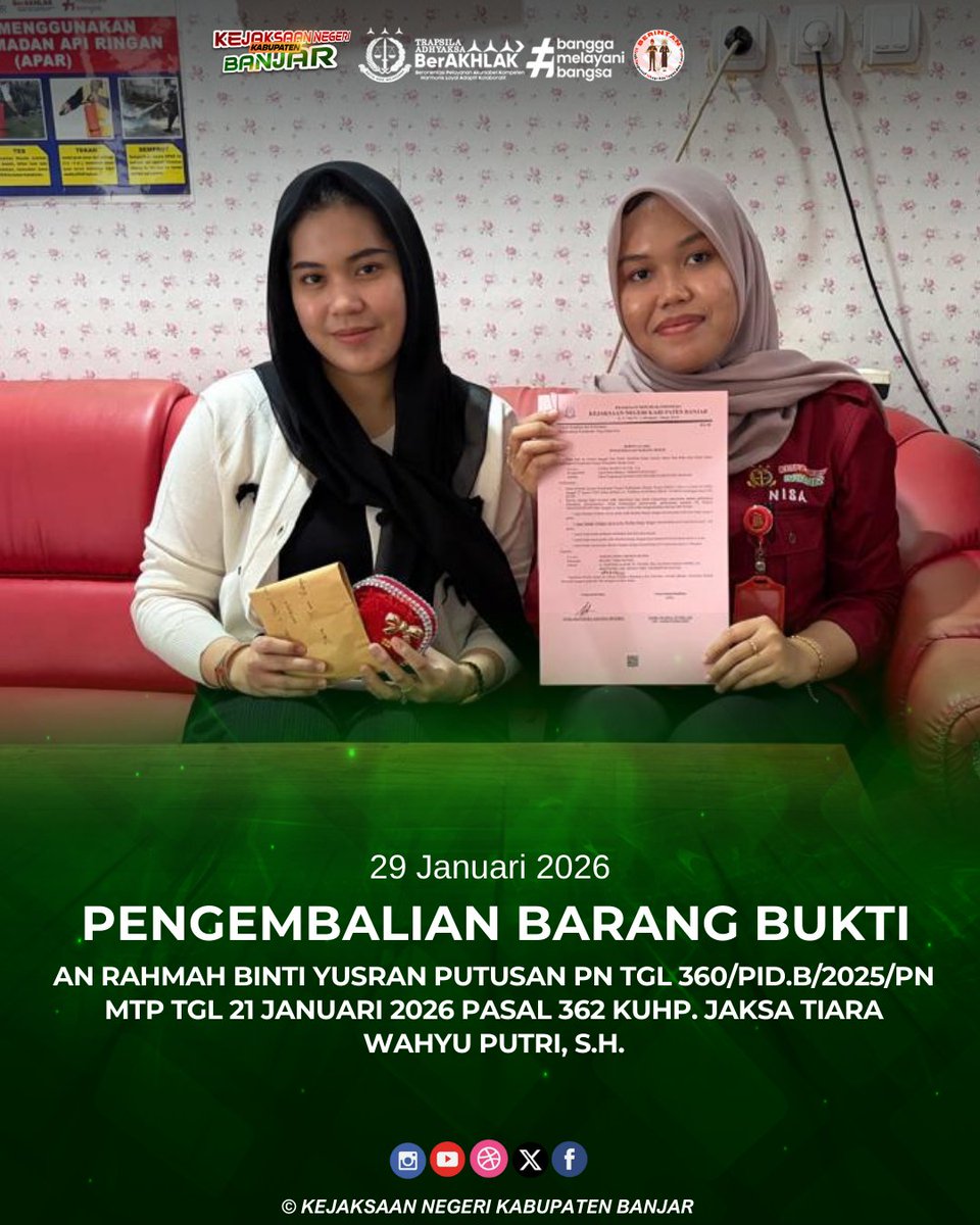 instagram.com/p/DUPQTtxjxBl/…
Kamis, 29 Januari 2026 telah dilaksanakan Pengembalian BB an RAHMAH BINTI YUSRAN putusan PN tgl 360/Pid.B/2025/PN Mtp tgl 21 Januari 2026 pasal 362 KUHP. Jaksa Tiara Wahyu Putri, S.H.

<a href="/KejaksaanRI/">Kejaksaan RI</a>
