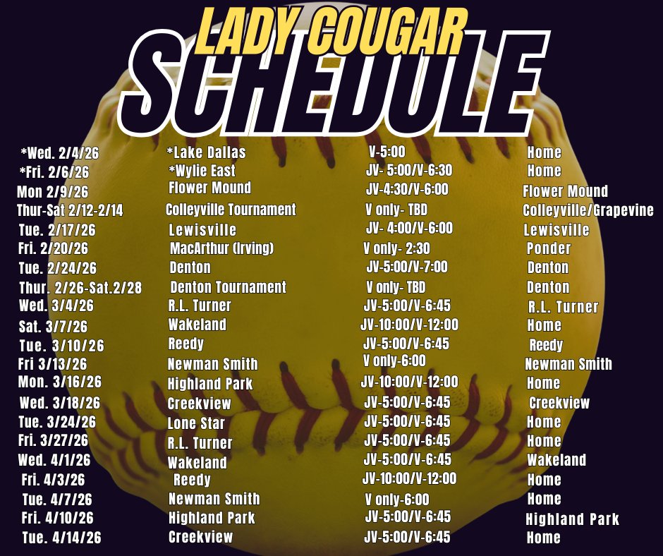 Schedule drop ⬇️ First home scrimmage Wednesday February 4th @ 5 p.m.
#tchssoftball #thecolonysoftball #ladycougarsoftball