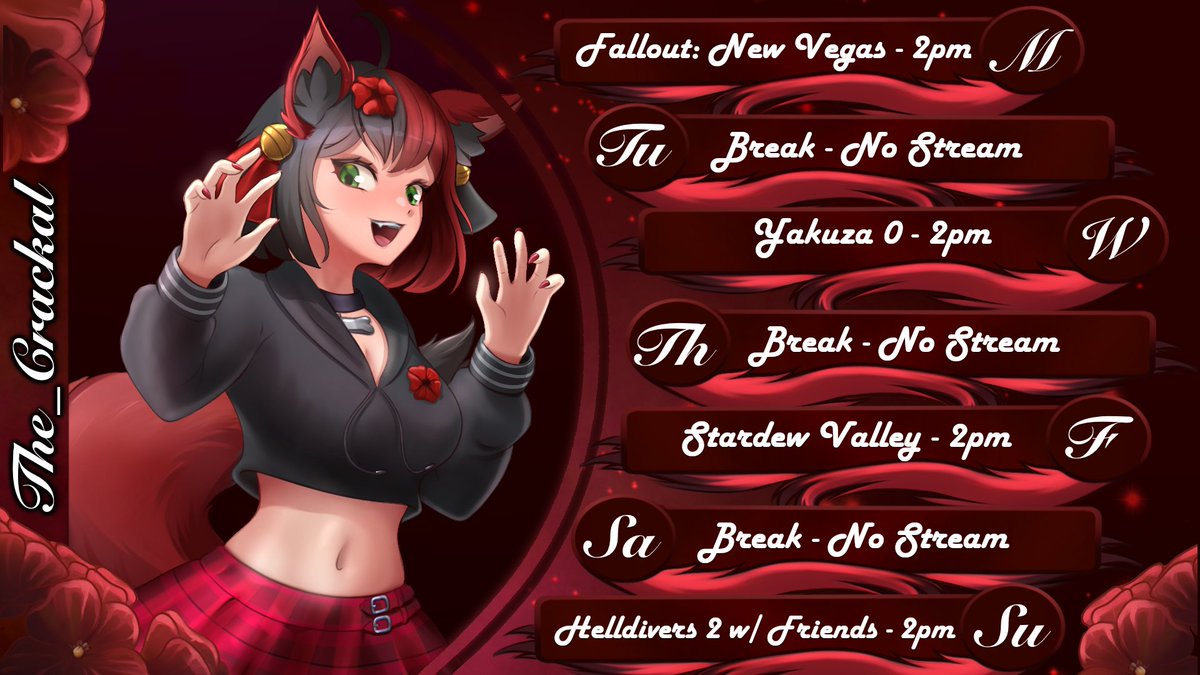 Got another fun Schedule for you all this week
Gonna be continuing a few series with New Vegas, Stardew Valley And Yakuza 0 being them
Also got a goofy heckdivers collab on the weekend so I look forward to seeing you beans there :3