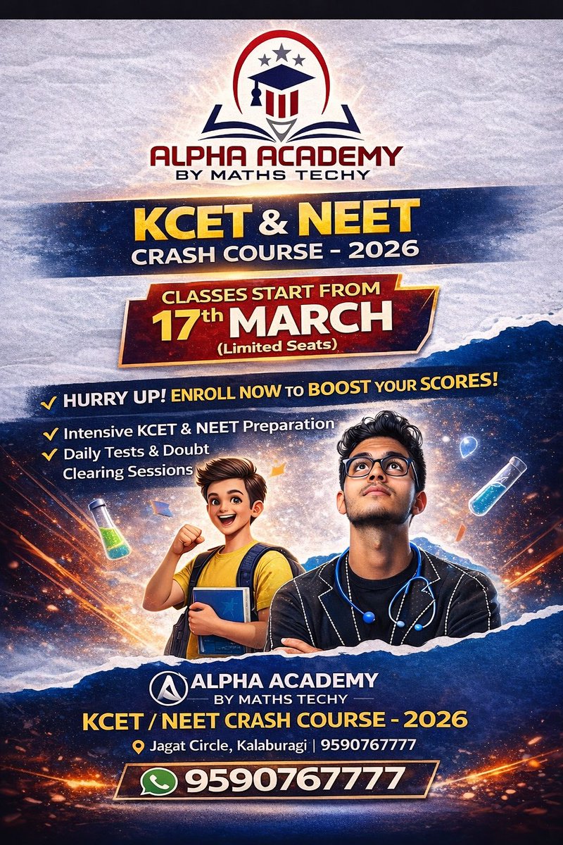 HelperPuc's tweet photo. Looking for the best KCET crash course tutorial in Kalaburagi?
Alpha Academy by Maths Techy offers a focused KCET Crash Course – 2026 designed for Class 12 students aiming for top CET ranks.
#KCET2026 #KCETCrashCourse #KCETPreparation 
#Kalaburagi #KalaburagiStudents 
#PUCStudent https://t.co/Zb0Q9vIfG6