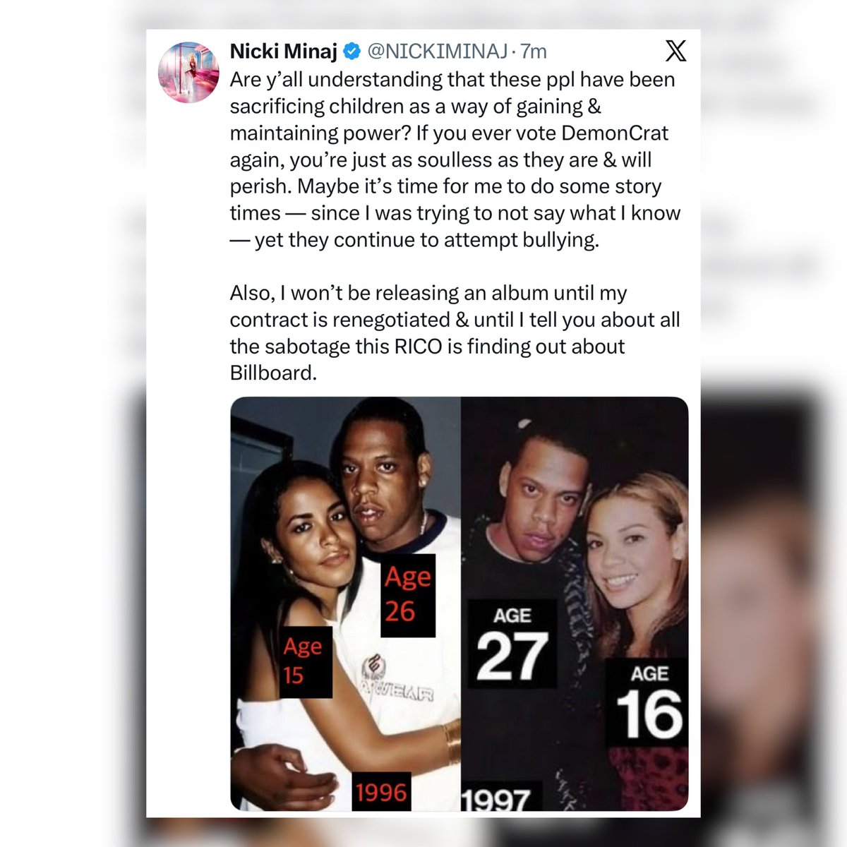 🚨BREAKING: Queen of Rap <a href="/NICKIMINAJ/">Nicki Minaj</a> just EXPOSED Hollywood &amp; the Democrat Party for “sacrificing children as a way of gaining &amp; maintaining power.”

“If you ever vote DemonCrat again, you’re just as soulless as they are &amp; will perish.”

Pray for Nicki.

Follow: <a href="/BoLoudon/">Bo Loudon</a>