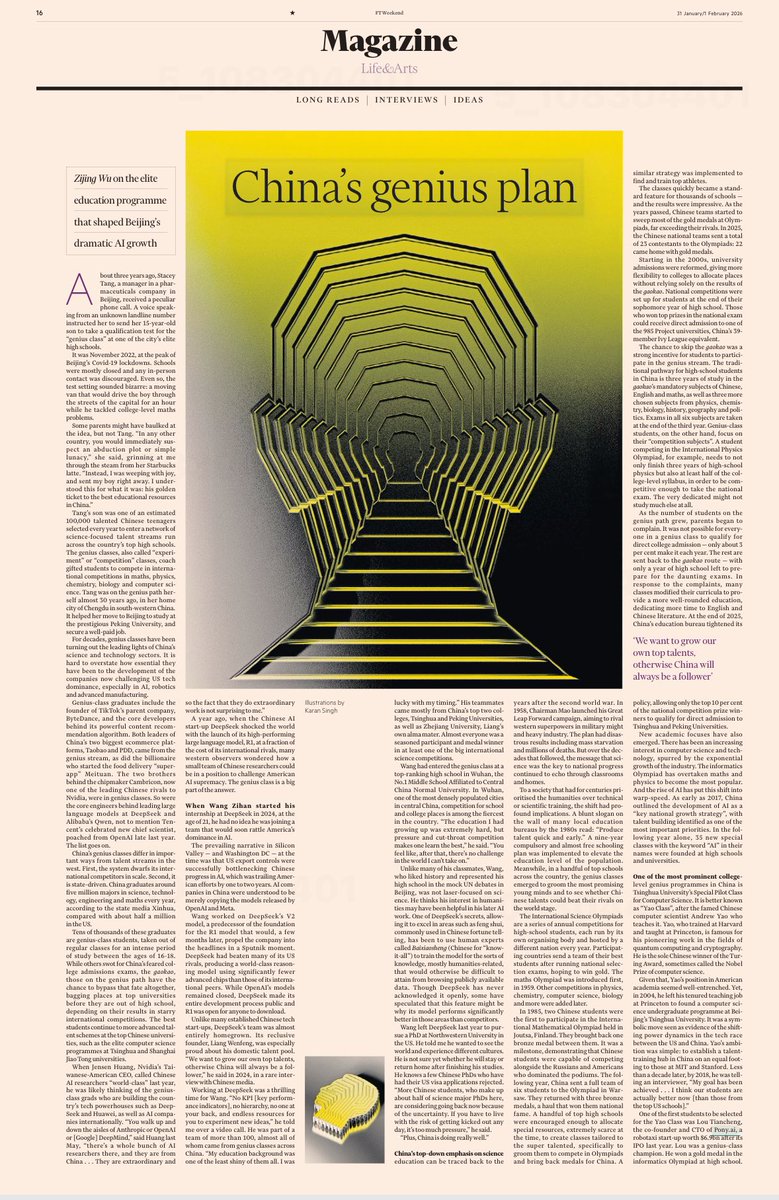 Long form article yg ngeri. Artikel ini viral di kalangan Silicon Valley dan bikin mrka grogi. 

- Lembaga sains China tiap thn rekrut 100.000 anak usia 15 yg juara math x science. 

- Digembleng jd juara olimpiade math, fisika dan sains level dunia. 

- saat kuliah, masuk kampus