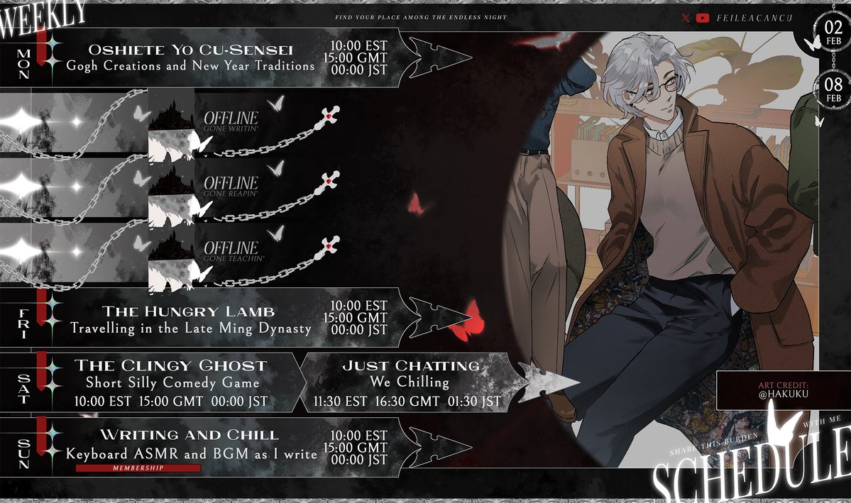 Schedule for 02/02 - 02/08 Back from the north!

🦋Hashtags🐕
LIVE: #OshieteYoCuSensei
Art: #FeileaCanvas
Thumbnails: #Cuuticle
Clips: #FeileaVision