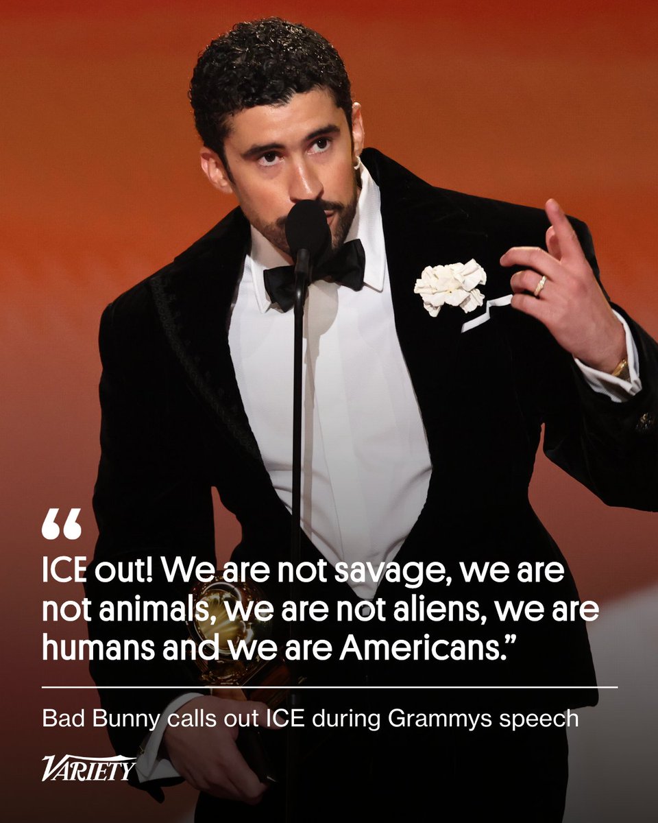 Variety's tweet image. #BadBunny says "ICE out!" at the #Grammys while winning Best Música Urbana Album and earns a huge standing ovation:

"We’re not savage, we’re not animals, we’re not aliens. We are humans and we are Americans... hate gets more powerful with more hate. The only thing that is more…