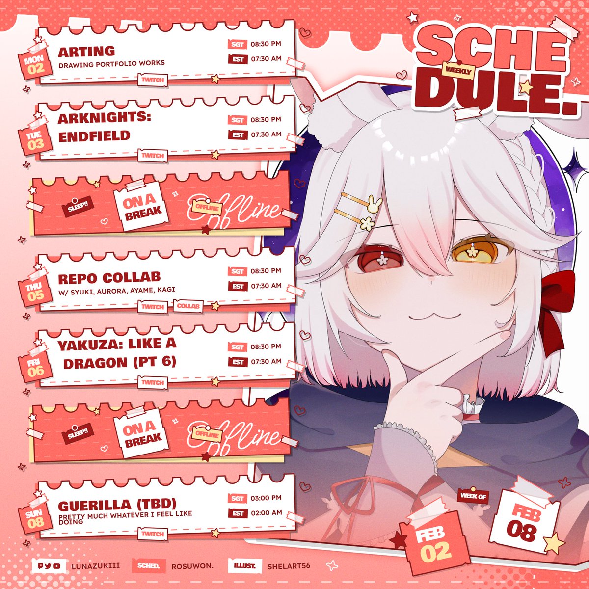 schedule for this week! 
more than usual to make up for the lack of streams the previous week