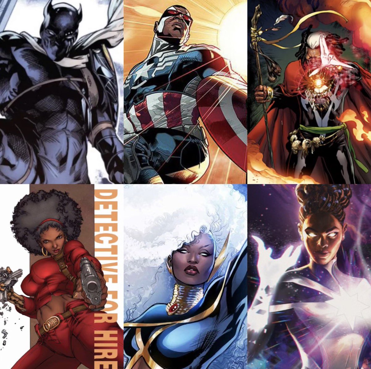 Black Panther (1966) 1st Black superhero in mainstream comics
The Falcon (1969) 1st African-American hero
Dr. Voodoo (1973) 1st Haitian superhero
Misty Knight (1975) 1st Black female hero
Storm (1975) 1st Black X-Men 
Monica Rambeau (1982) 1st Black woman to lead the Avengers