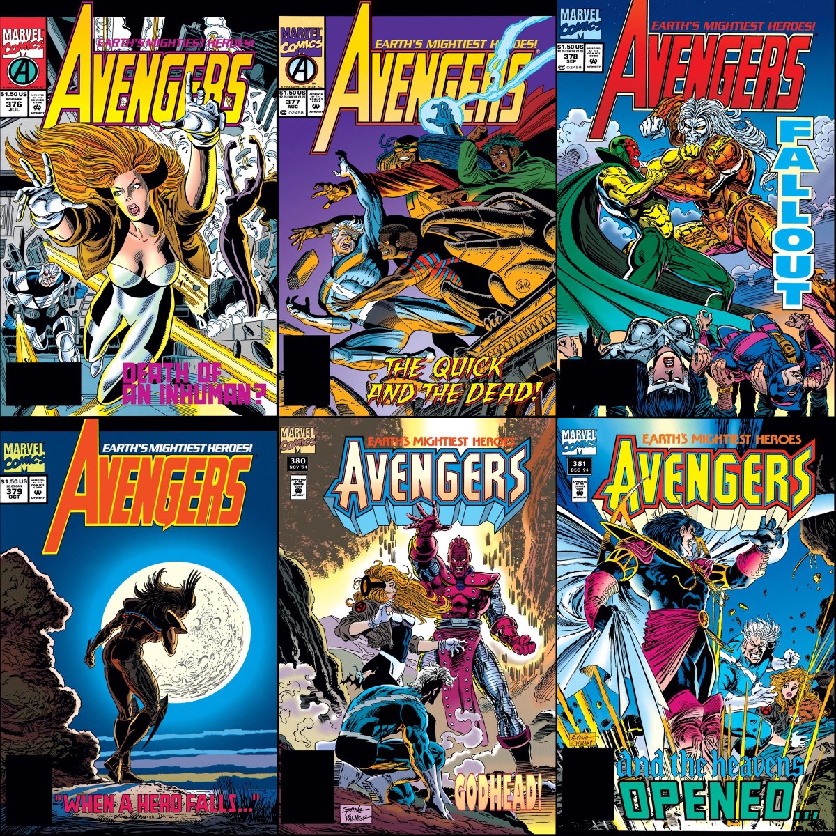 ClassicMarvel_'s tweet image. Avengers #376-381 cover dated July-December 1994.
