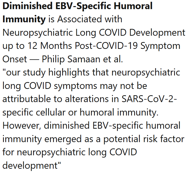 TomKindlon's tweet image. Diminished EBV-Specific Humoral Immunity is Associated with Neuropsychiatric Long COVID Development up to 12 Months Post-COVID-19 Symptom Onset

biorxiv.org/content/10.648…

Screenshot from latest Science for ME weekly update

#LongCovid #postcovid