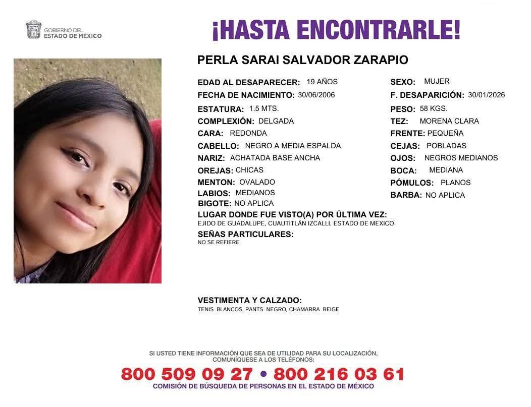 🙏🏻📣🤳🏻 En #Izcalli también está #desaparecida otra chica de 19 años; su nombre es Perla Sarai Salvador Zarapio y fue vista por última vez en #EjidoDeGuadalupe.

Si tienes alguna información comunícate a los teléfonos de la ficha y comparte por favor.