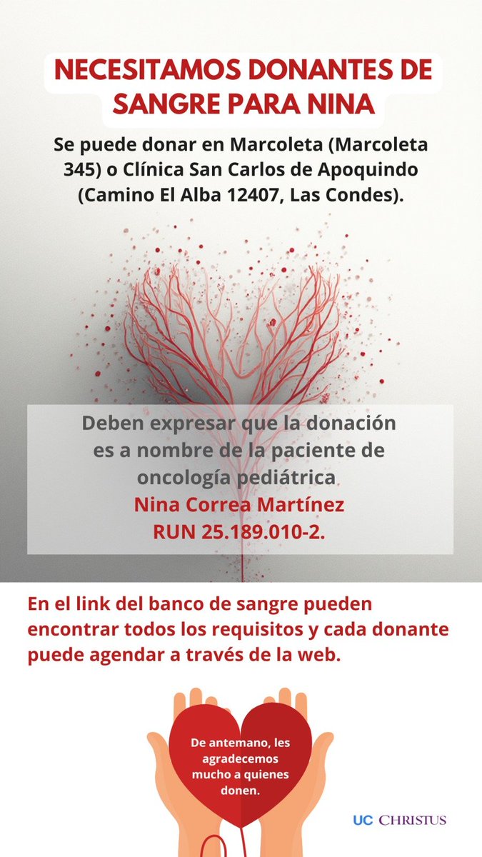 Se neceaita sangre de cualquiwr grupo para mi hija de 10 años Nina Correa, paciente oncolófico. Se agradece difundir y si puede donar. Eternamente agradecido.