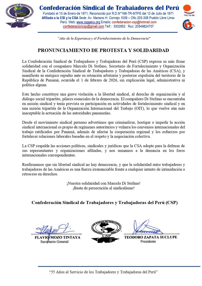 CSP_1971's tweet photo. La CSP expresa su enérgico rechazo a la retención arbitraria y expulsión de Marcelo Di Stefano (CSA) en Panamá.
Este hecho vulnera la libertad sindical, el derecho de organización y la democracia.
✊ Sin libertad sindical no hay democracia
✊ Basta de persecución al sindicalismo. https://t.co/JrV7Afg8NQ