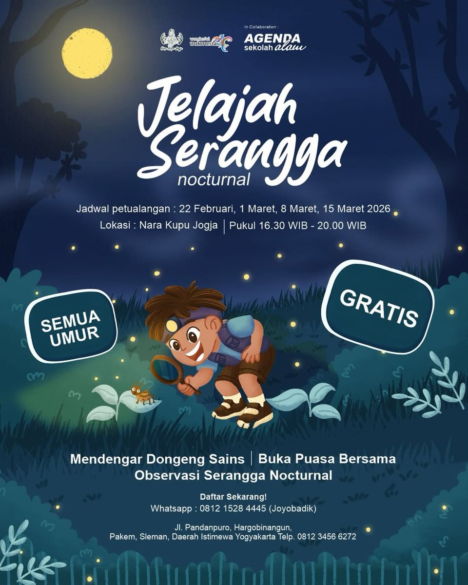 ihh ada event seru nih, petualangan jelajah serangga nocturnal!✨
mana eventnya gratis, bisa denger dongeng sains, ada bukber, dan pastinya observasi serangga nocturnal!😆 kataku mah gas daftarr