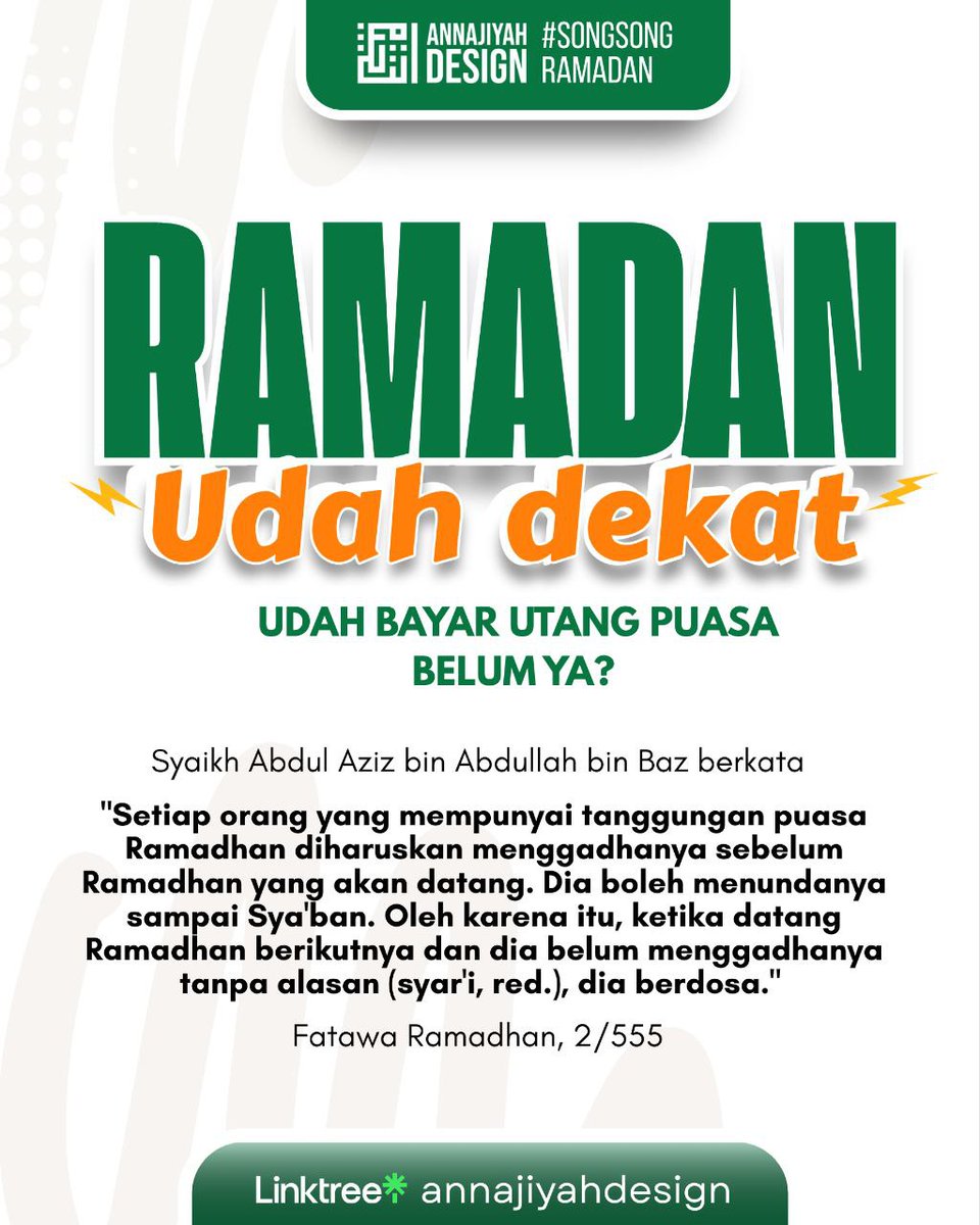 RAMADAN UDAH DEKAT, UDAH BAYAR UTANG PUASA BELUM YA?
#annajiyahdesign 
#ramadan 
#utang #puasa
Follow <a href="/anNajiyahDesign/">annajiyahdesign</a>