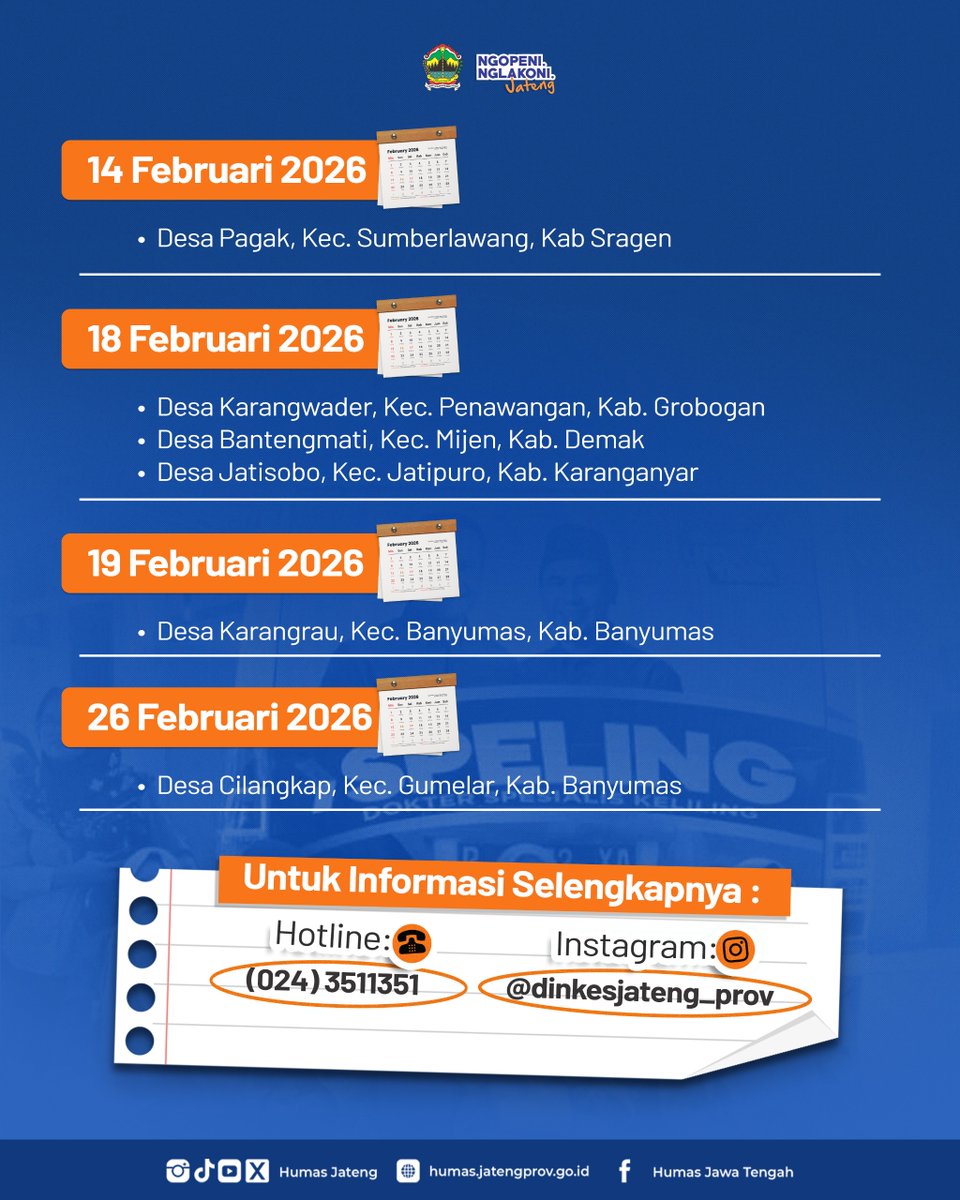 ppidsetdajateng's tweet photo. Pagi #SobatSetda π
Dari desa sampai kota, 'Speling' (Dokter Spesialis Keliling) jadi bukti komitmen Pemprov Jawa Tengah dalam menghadirkan pelayanan yang adil & merata. Negara hadir, rakyat merasakan.
Berikut jadwal layanan #speling 'Februari 2026' bakal mampir ke daerahmu.... https://t.co/vKMydA2tQ5