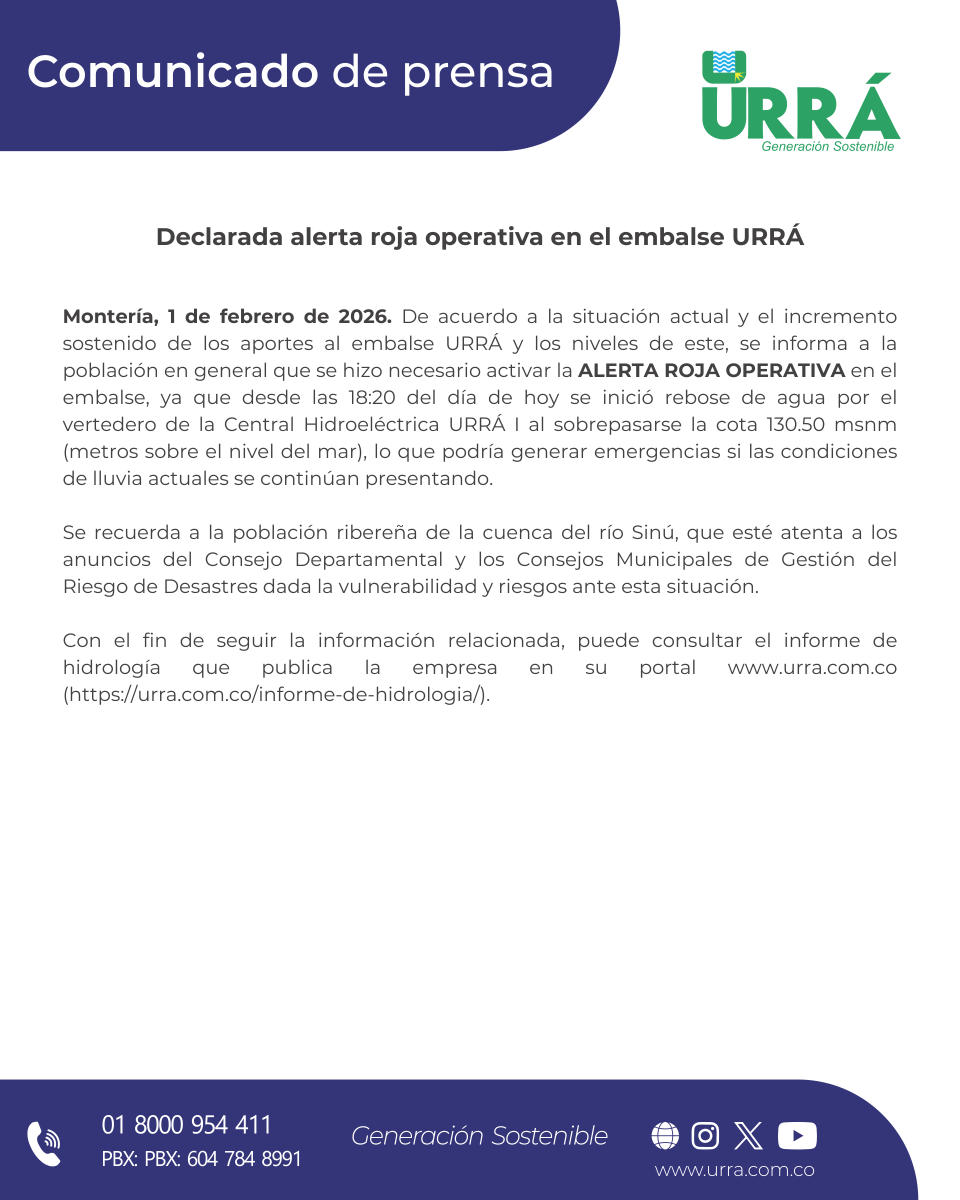 Declarada alerta roja operativa en el embalse URRÁ