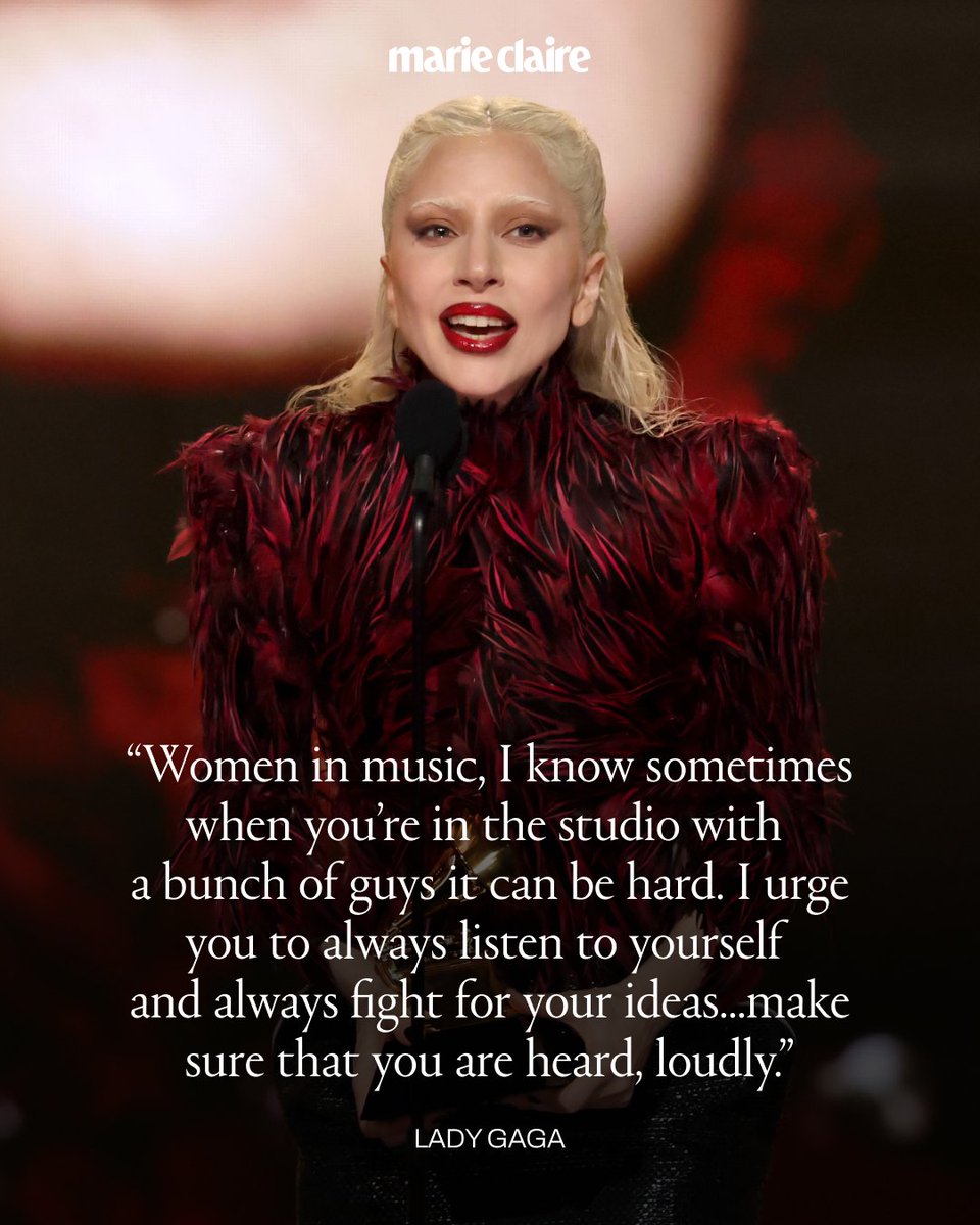 marieclaire's tweet photo. Mother Monster has spoken. 

Lady Gaga encourages women in music to advocate for themselves while accepting the #GRAMMY for Best Pop Vocal Album. ❤️ (Photo: @GettyImages) https://t.co/uWqAIs2Ewo
