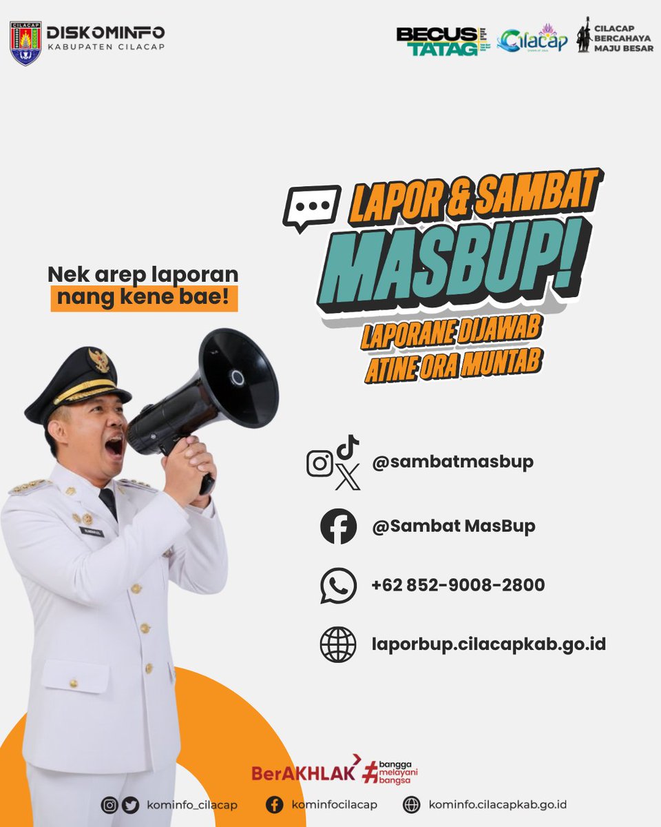 Halo dulur Kominfo👋!
📢 Lapor &amp; Sambat Mas Bup
Laporane dijawab, atine ora muntab😉
Yuk, manfaatkan layanan resmi kanggo Cilacap sing luwih responsif lan berdaya.

#MasBup #SambatMasBup #LaporMasBup #DiskominfoCilacap #CilacapBerdaya #BerAKHLAK #BanggaMelayaniBangsa