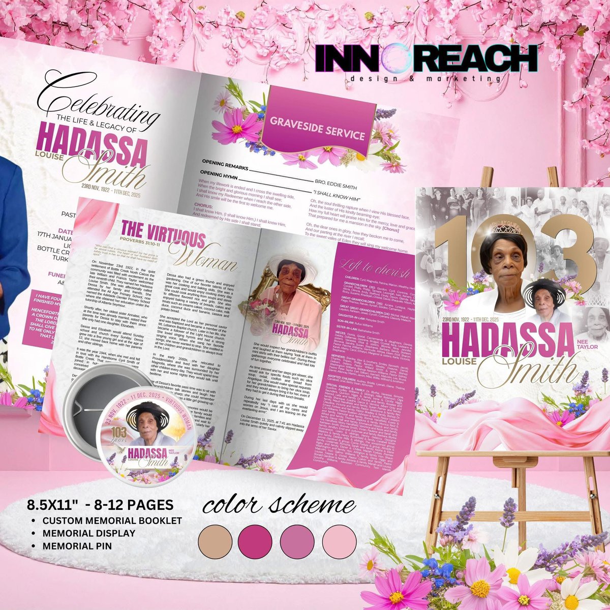 JucaHiggs's tweet image. Living to the age of 103 is truly an extraordinary achievement, and Mrs. Hadassa Smith's life was indeed remarkable. May the flowers continue to bloom in eternal remembrance of her incredible journey. Condolences to her family during this time. ##funeralprograms #obituarygraphics