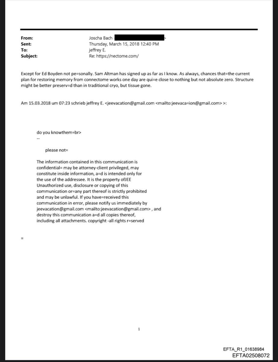 facebooklibs's tweet image. 🚨 BOMBSHELL: A single short email to Jeffrey Epstein (one of his signature addresses) pitches a "mind archiving" company that guarantees fatal brain preservation... with its own collaborating scientists admitting near-zero chance the data could EVER be read/uploaded.

Names tied…