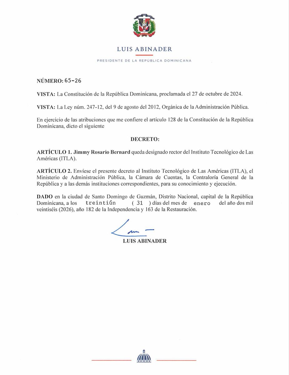 rosariojimmy's tweet photo. Agradezco a Dios y al señor presidente de la República Dominicana, @luisabinader , la confianza depositada en mí al concederme la oportunidad de servir a la educación dominicana y a mi país como rector del @ITLARD . https://t.co/JsIItqG6kT