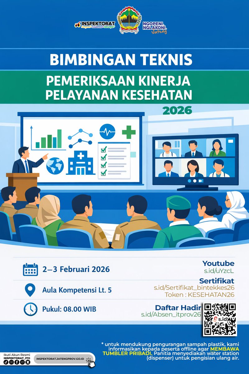 Siap meningkatkan kualitas pelayanan kesehatan melalui pengawasan yang lebih akuntabel dan profesional? 💡🏥

📢 Bimbingan Teknis Pemeriksaan Kinerja Pelayanan Kesehatan 2026
🗓 2–3 Februari 2026
⏰ 08.00 WIB
📍 Aula Kompetensi Lt. 5
📺 Live Youtube

Mari bersama memperkuat pemah