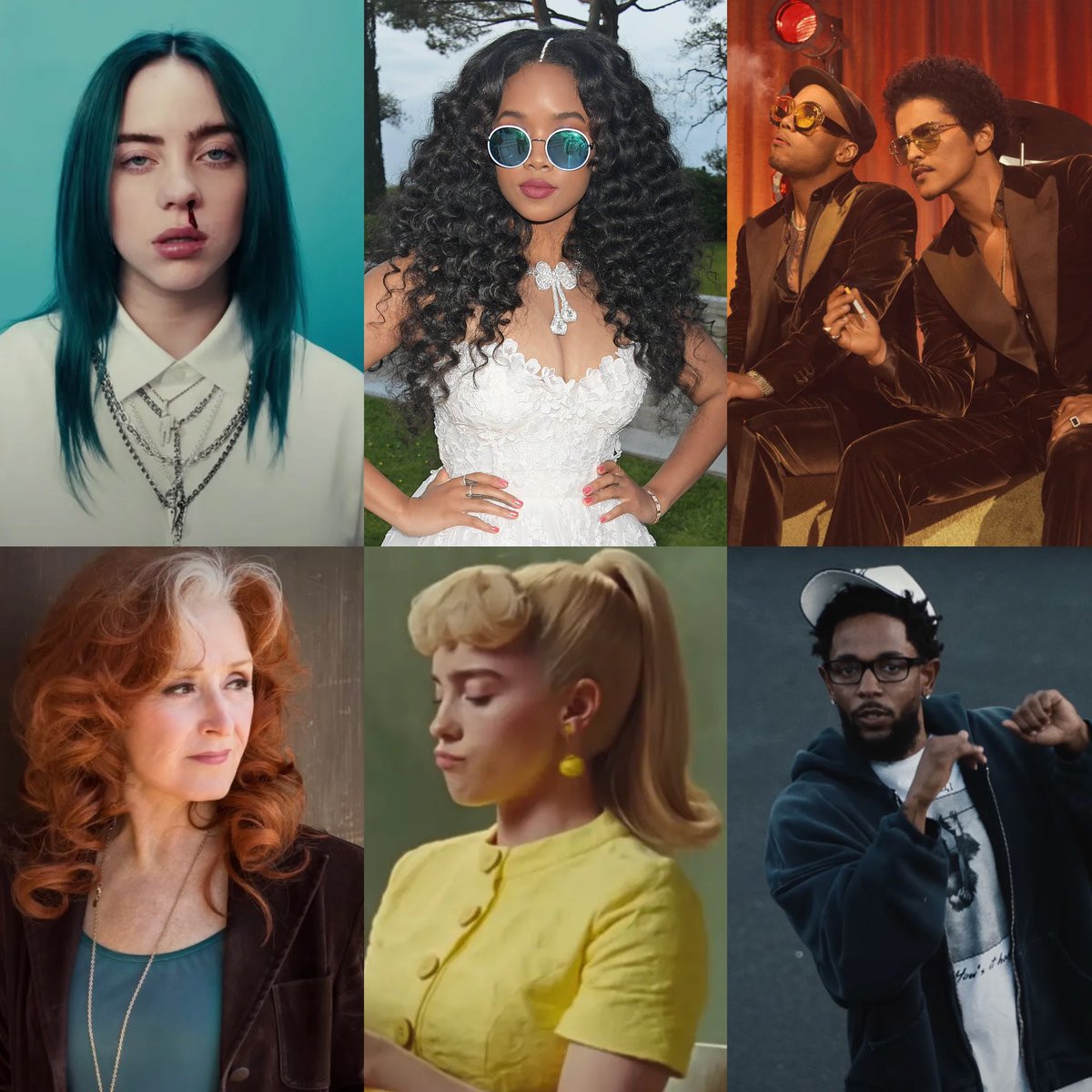 Most recent ‘Song of the Year’ winners at the #GRAMMYs:

2026: Billie Eilish — Wildflower
2025: Kendrick Lamar — Not Like Us
2024: Billie Eilish — What WasI Made For?
2023: Bonnie Raitt — Just Like That
2022: Silk Sonic — Leave The Door Open
2021: H.E.R. — I Can't Breathe
2020: