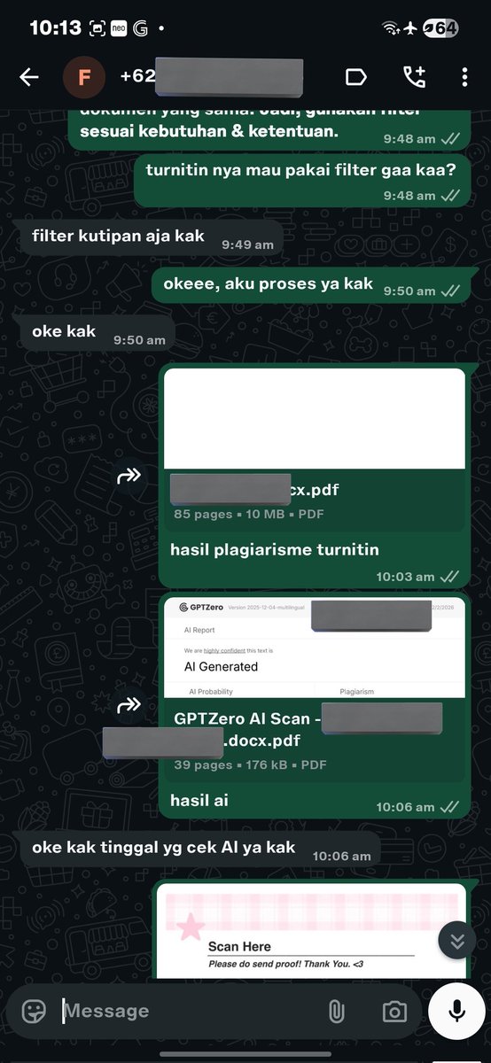 coftour's tweet image. yu yang butuh cek turnitin plagiarisme no repository 1x cek 6k, detector ai by gptzero juga sama ya 6k, kalau bundling (turnitin+ai) 11k sajaaa, wa di bio🫶