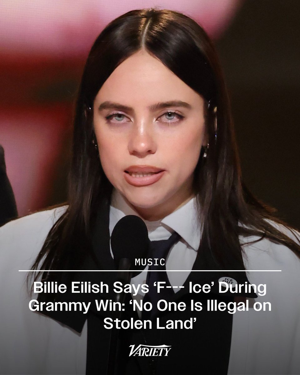 Billie Eilish says "f*ck ICE!" at the #Grammys while winning song of the year: 

"No one is illegal on stolen land. It’s just really hard to know what to say and what to do right now, and I feel really hopeful in this room, and I feel like we just need to keep fighting and