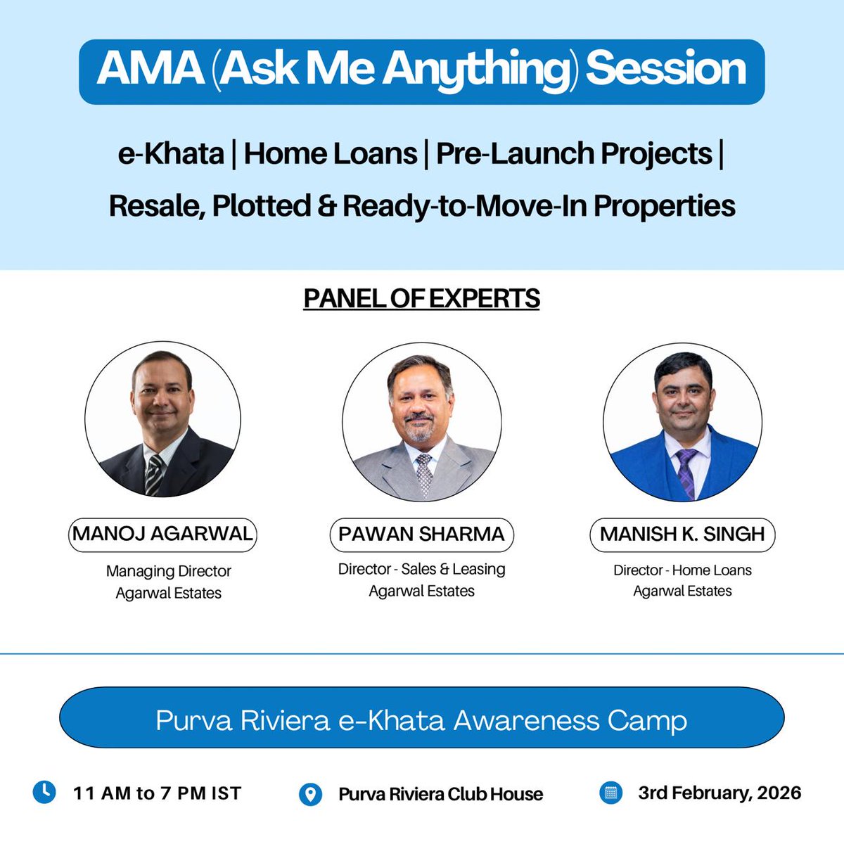 To help residents stay informed and protected, Agarwal Estates is organising a complimentary AMA (Ask Me Anything) Camp for the Purva Riviera community.

📍 Purva Riviera Club House
📅 3rd February 2026
⏰ 11 AM to 7 PM IST

#AgarwalEstates #PurvaRiviera #BangaloreRealEstate