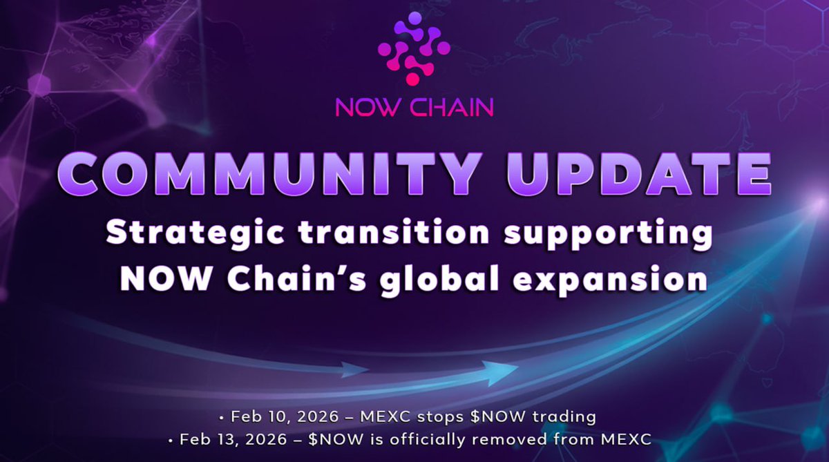 NOWchain_BN's tweet photo. Mise à jour communautaire:

@NOWChainX et MEXC ont convenu d'un commun accord de mettre fin au listing de $NOW dans le cadre de notre stratégie d'expansion mondiale à venir.

• 10/02/2026 – Arrêt du trading de $NOW.
• 13/02/2026 à 06h00 UTC – Retrait officiel de $NOW de MEXC. https://t.co/uSqPNG4mig