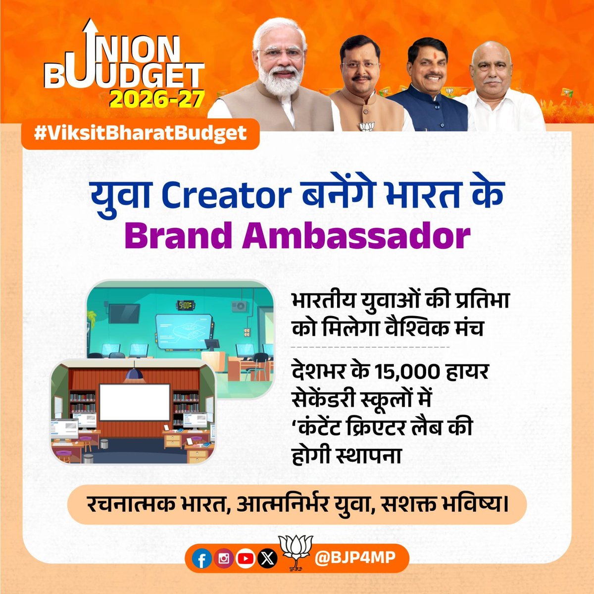 "युवा शक्ति बजट"
देश भर के 15000 हायर सेकेंडरी स्कूल्स में स्थापित होने वाली कंटेंट क्रिएटर लैब्स से निकले युवा बनेंगे रचनात्मकता के ब्रांड एम्बेसडर।
<a href="/DrMohanYadav51/">Dr Mohan Yadav</a>
<a href="/Hkhandelwal1964/">Hemant Khandelwal</a>
<a href="/BJP4MP/">BJP Madhya Pradesh</a>
#ViksitBharatBudget