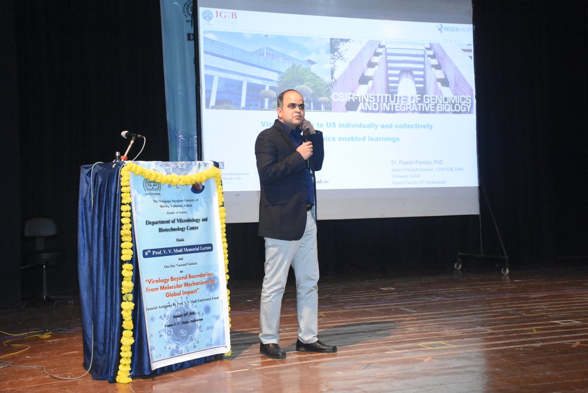 RajeshPandeyLab's tweet photo. It was pleasure to speak at the 8th Prof VV Modi Memorial Lecture @Themsubaroda on Virology Beyond Boundaries. Shared insights from the #INGENHOPE lab on "Viruses speak to US individually and collectively: Genomics enabled learnings". Good to expand the scientific network as well https://t.co/BV5hjArRw7