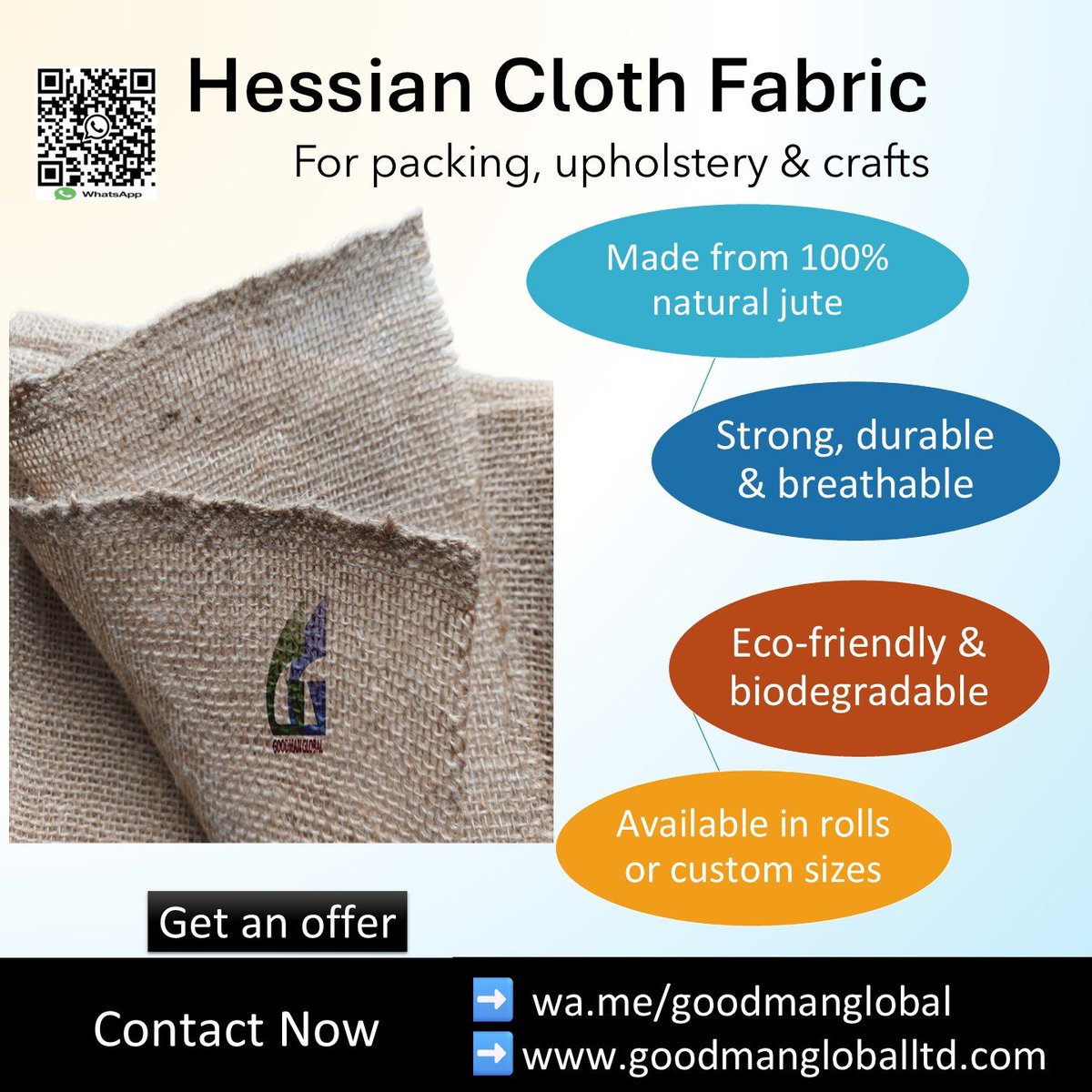 Goodman_Global's tweet image. Hessian Cloth Fabric for packing, upholstery &amp;amp; crafts 

👉goodmangloballtd.com 👉@Goodman_Global

➡️ Protection against frost
➡️ Curing water for concrete
➡️ Agriculture outdoors

#jutefabric #hessian #hessianfabric #hessiancloth #burlap #burlapfabric #burlapcloth
