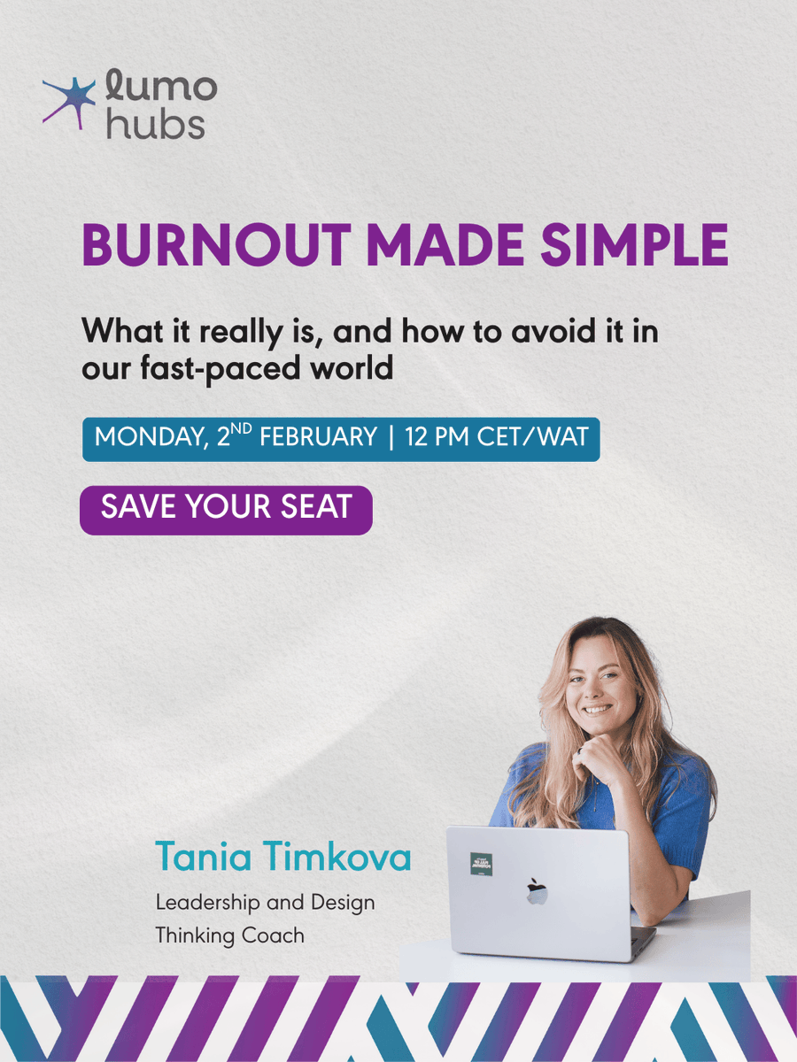 lumohubs's tweet photo. You can’t be productive from a place of biological bankruptcy. 

Burnout isn't just stress, it’s a physiological pattern. Learn to spot the "glitch" before the crash.

Join Tania Timkova TODAY at 12 PM CET/WAT for "Burnout Made Simple."

Join us here: https://t.co/Pr6QD7fOOb https://t.co/5bJl11HC06