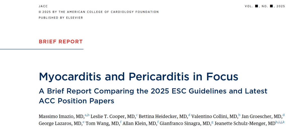 saramoscatelli7's tweet photo. 🫀 Myocarditis & Pericarditis: a new era is here!
The 2025 ESC Guidelines and latest ACC position papers mark a turning point in inflammatory heart disease 🔄
✨ What’s new?
📌 CMR as the non-invasive gold standard
📌 Less biopsy, more precision
📌 IL-1 blockade changing recurrent pericarditis care
📌 From “one-size-fits-all” to risk- and phenotype-driven management
🔍 Different frameworks (ESC certainty tiers vs ACC staging), same direction:
👉 earlier diagnosis
👉 targeted therapy
👉 personalised follow-up
🚀 The future is imaging-driven, multidisciplinary, and patient-centred
#Myocarditis #Pericarditis #ESCguidelines #ACC #CMR #CardioImaging #InflammatoryHeartDisease #PrecisionCardiology #IL1 #Cardiology #MedTwitter #CardioTwitter
 DOI: 10.1016/j.jacc.2025.10.047