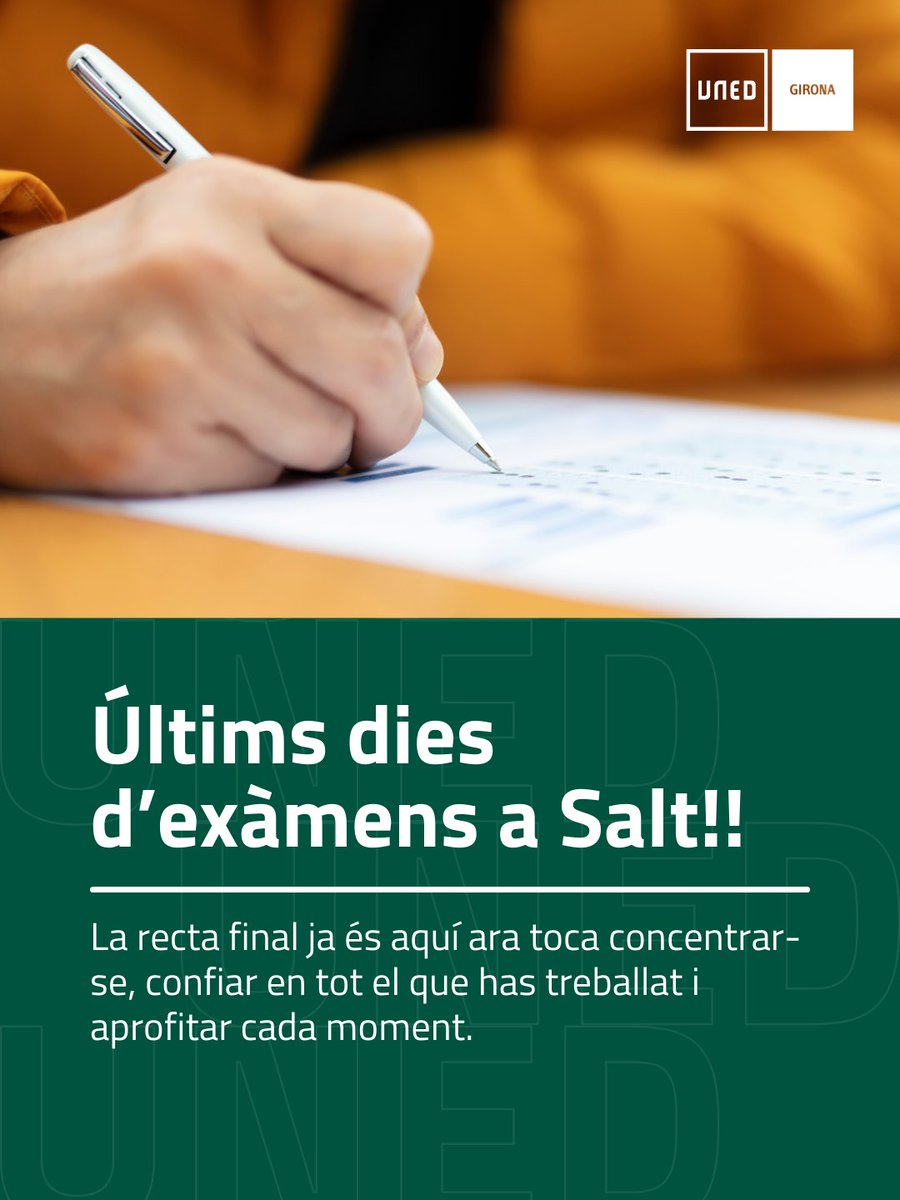 📢 Últims dies d’exàmens a Salt!! Ja hi ets gairebé!
Ara toca concentrar-se, confiar en tot el que has treballat i aprofitar cada moment. 
És l’última recta… enfoca’t i a per totes! 🚀

#somuned #fomacióuniveritariauned #unedgirona #estudiaradistancia #exàmens