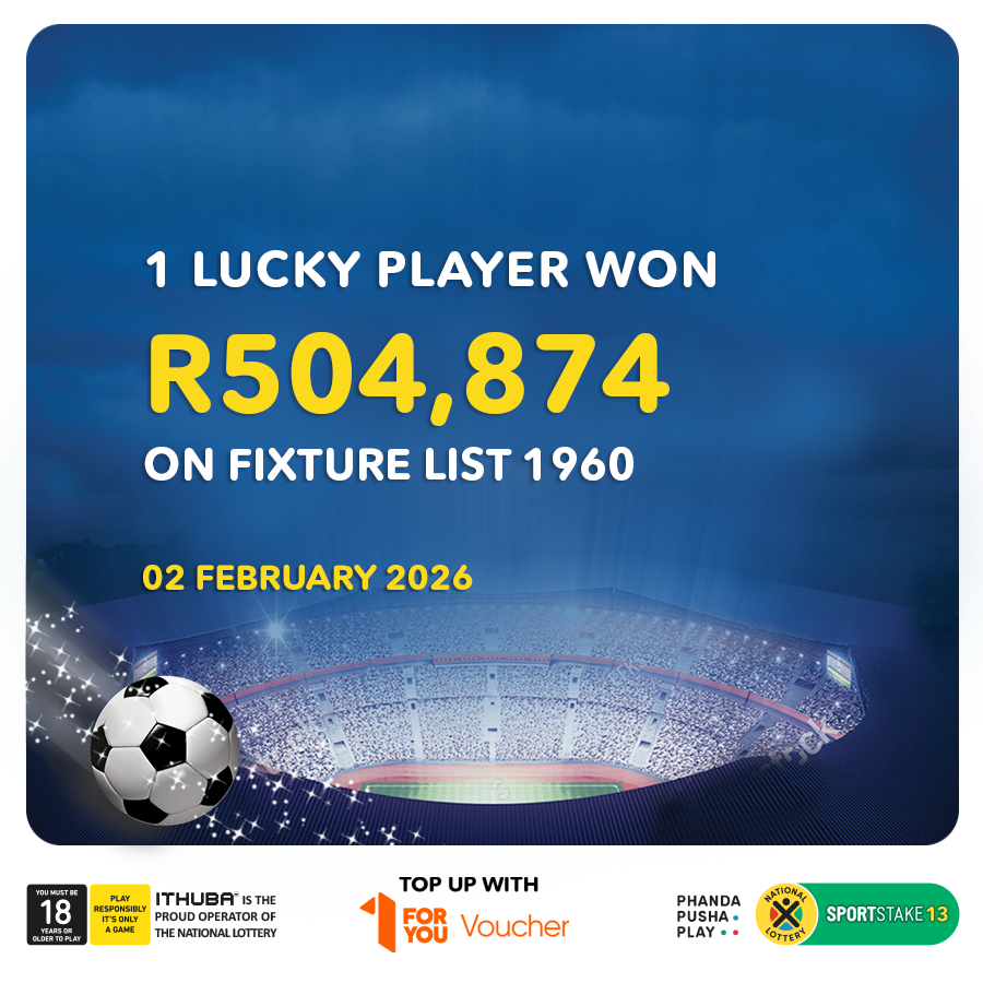 sa_lottery26's tweet photo. Here are the #SPORTSTAKE13 #FixtureResults, #Dividends for list 1960 & #Fixturelist 1961 with an estimated Jackpot of R110,000. Congratulations to the winner of R504,874. You are #InjaYeGame
Players must be 18 years or older, play responsibly. https://t.co/kJJEknRC1r