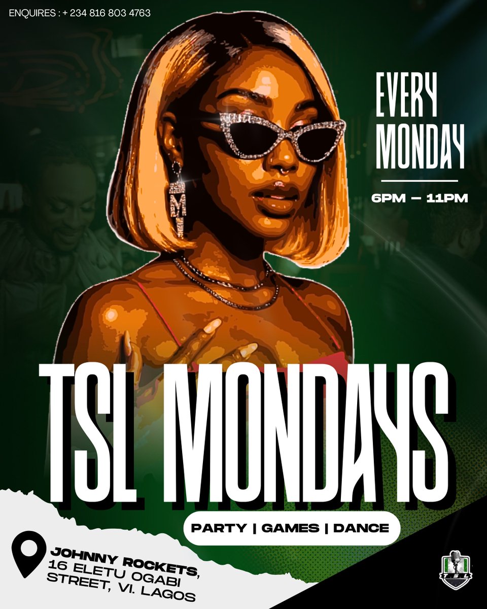 HomeofTSL's tweet image. TSL MONDAYS, WE’RE BACK TODAY!!

📍: Johnny Rockets, 16 Eletu Ogabi Street, Lagos
🕰️ : 6PM - 11PM

EVERY MONDAYS FROM TODAY
SEE YOU THERE!!🎉