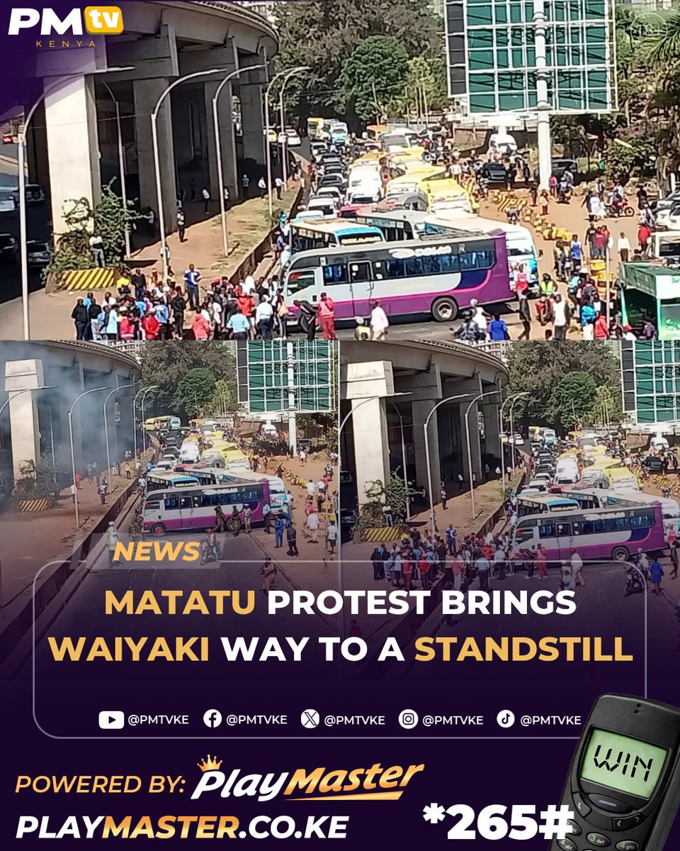 Pmtv_ke's tweet photo. Operations along Waiyaki Way in Westlands were disrupted after a section of matatu operators staged protests over repeated attacks by boda boda riders. Police were forced to intervene, firing tear gas to disperse the demonstrators and restore order.
#Matatustrike
#KENHA
#PMTVnews https://t.co/aJA6xsz8ho