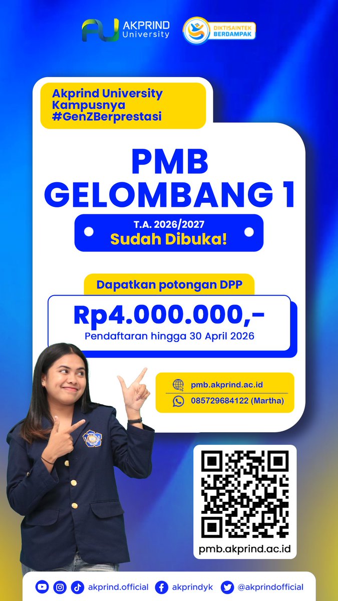 PMB Gelombang 1 Akprind University T.A. 2026/2027 resmi dibuka! ✨

#ProdiUnggul #UKTTerjangkau #KuliahMurahdiJogja #akprinduniversity #tumbuhdanberinovasi