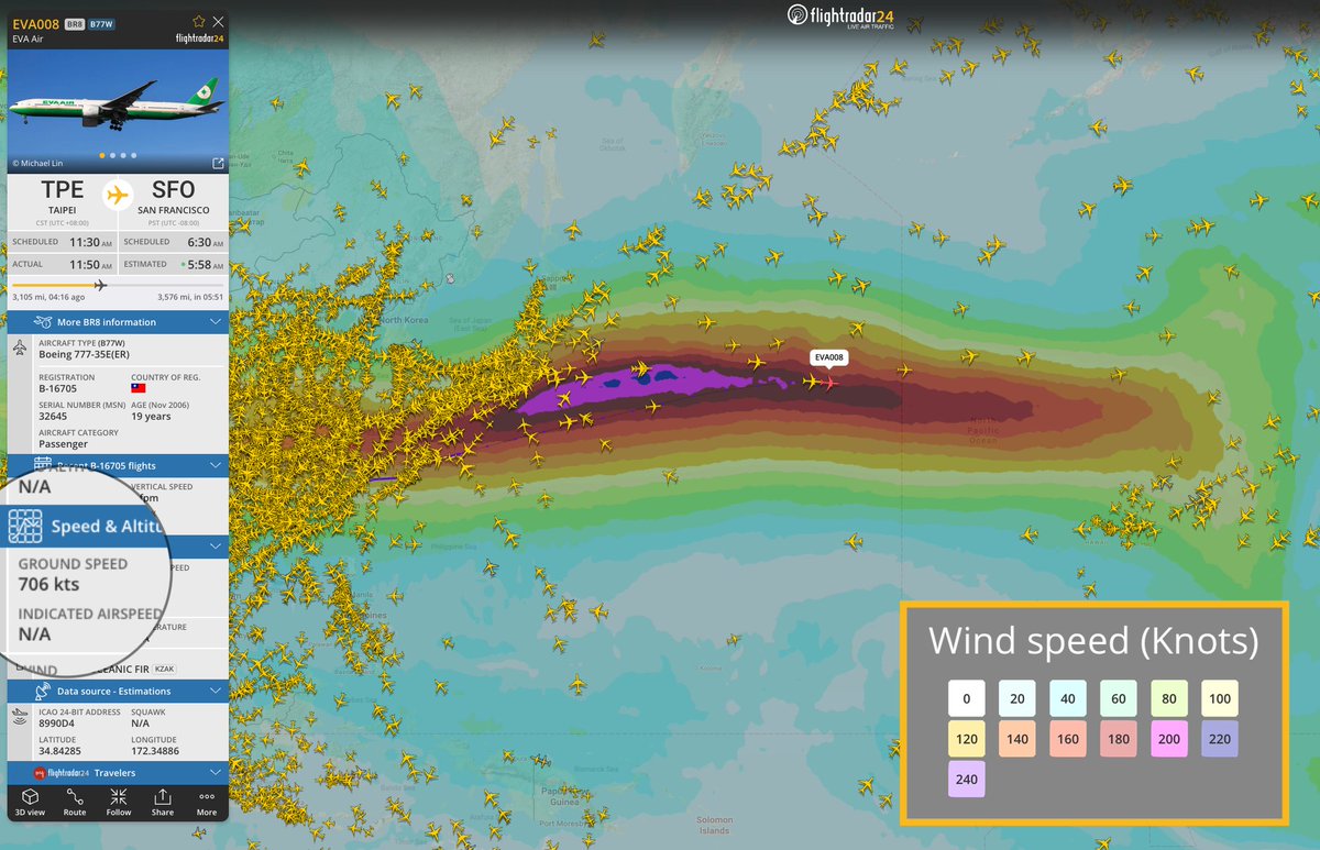 flightradar24's tweet photo. An even bigger push from the jet stream over the North Pacific today. https://t.co/yvIS7ffoEk https://t.co/5nQkzeLutw