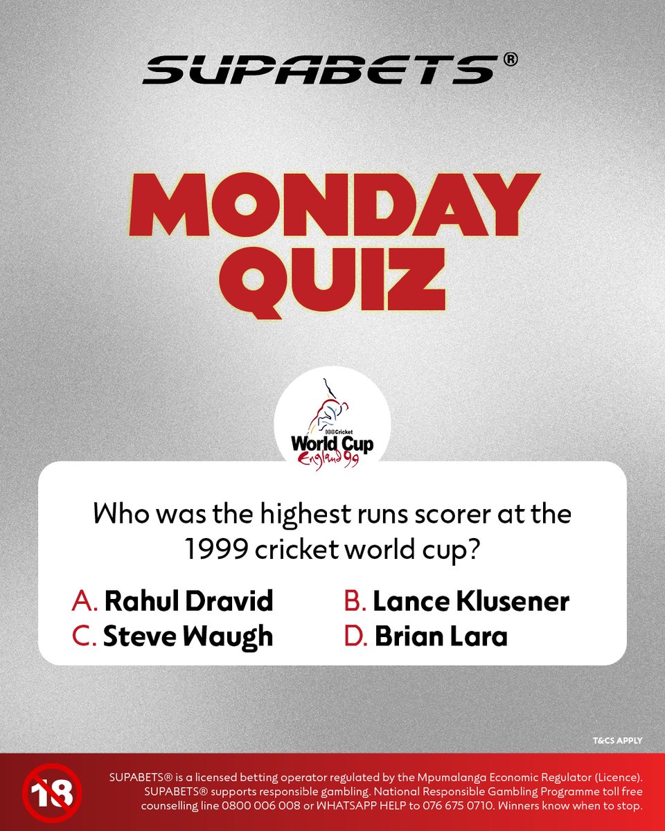 Supabets_mzansi's tweet photo. Time to think with our MONDAY QUIZ🧠🤔
So who remembers the Cricket WC of 99?🏏
Like, share & drop your answer in the comments😎
#Supaquiz #cwc99 #Supabets https://t.co/iVQIB4wyE8