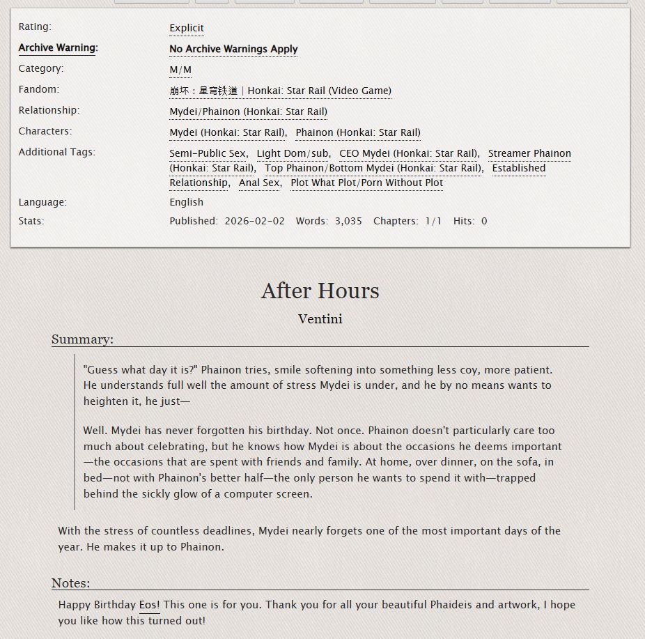 _ventini's tweet image. After Hours  

Gift for @reachthedawn! 
 
✦#Phaidei ☀️🍷
✦Explicit, 3K Words 
✦ Streamer!Phainon x CEO!Mydei 
✦ Light Dom/sub, Office Smut  

🔗⬇️