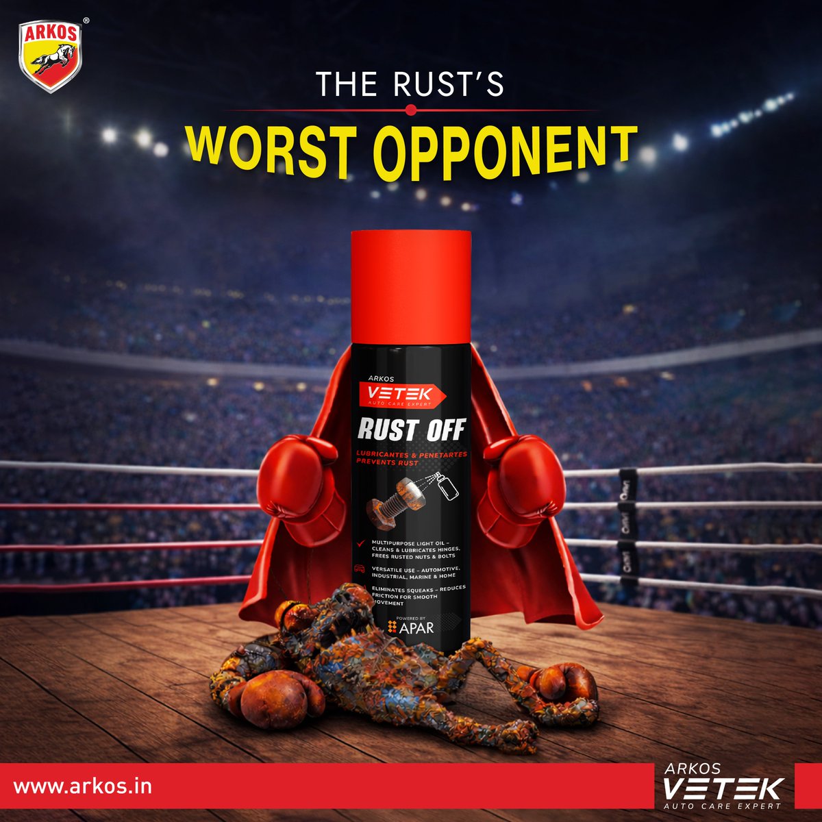 Arkosapar1's tweet photo. Rust doesn’t stand a chance against Arkos VETEK Rust Off. Whether it’s a seized bolt, a squeaky hinge, or corroded metal, our formula delivers the finishing blow every time. Don't let corrosion win the round. 

#ArkosVetek #RustOff #AutoCare #Maintenance #DIY #RustRemover https://t.co/EZfO2uh1jm