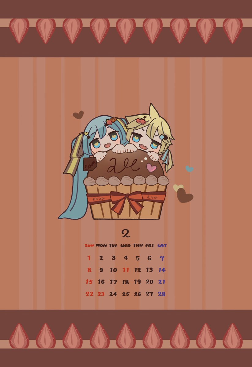 🍫2月の壁紙カレンダーです🍫
ヴァレンタインをイメージしてレンミクカップケーキを描きました🧁
↙️左はロック画面に使ってみたものです✨
#レンミク