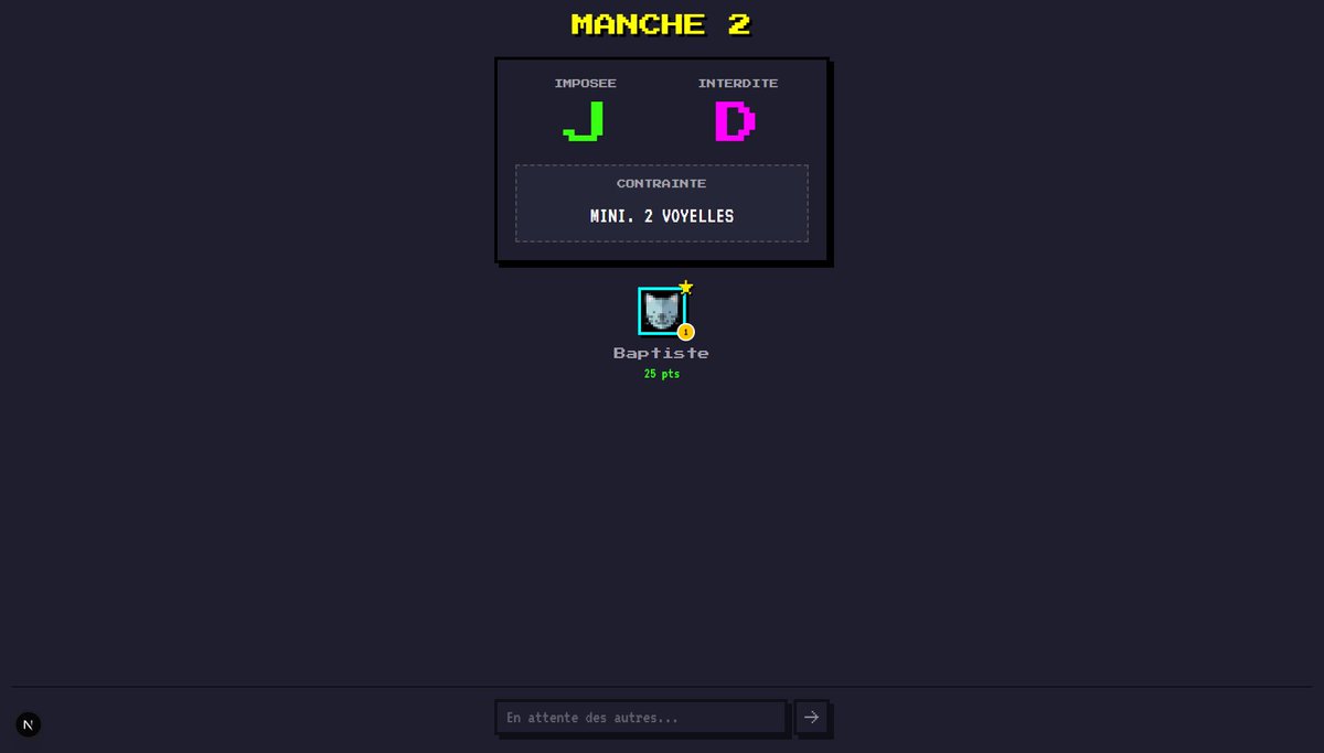 baptiste_lechat's tweet photo. La semaine dernière je vous parlez de mon projet en cours : Motz Game 🕹️

Le développement avance bien ! On peut maintenant :
- Lancer une partie 🚀
- Répondre à une manche avec une lettre obligatoire, une lettre interdite et une contrainte 🧠
- Voir le classement de la manche 🏆 https://t.co/EVqzG3goVi