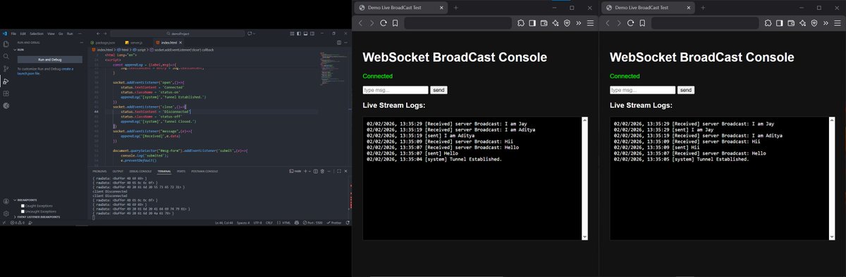 HarshBhakre's tweet image. Starting a new journey 🚀
Building my career by learning and working hard every day.
Starting with WebSockets — built a working demo (screenshot 📸).

Posting progress 2× a week (Tue &amp;amp; Fri).

Thanks 🙌
#PublicLearning #DailyLearning #BuildInPublic #WebSockets