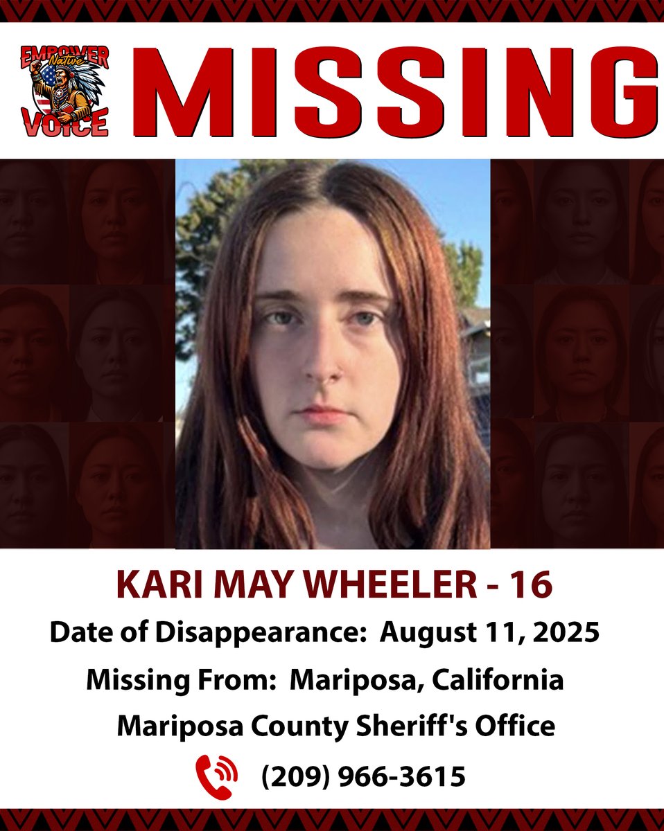 EmpowerNative's tweet image. 🚨 MISSING PERSON ALERT - KARI MAY WHEELER 🚨

If you have any information, please contact:
📞 Mariposa County Sheriff's Office: (209) 966-3615
📞 NCMEC: 1-800-843-5678 (Ref: 2058363)

#EmpowerNativeVoice #ShareYourVoice #MissingPerson #BringThemHomeNow