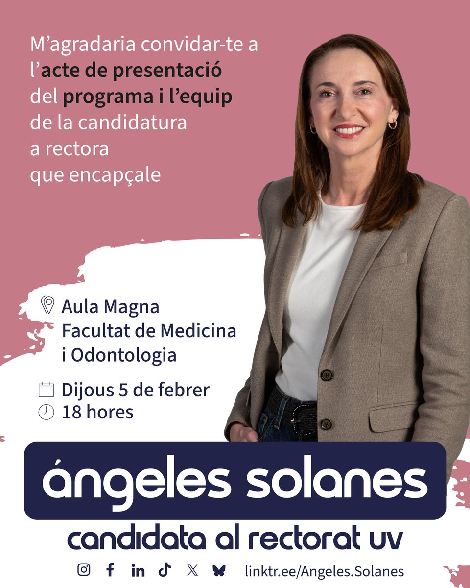 AngelesSolanes's tweet photo. Vull compartir amb vosaltres el projecte amb què aspire al Rectorat de la Universitat de València.
Vos convide a l’acte de presentació del programa i de l’equip que m’acompanya en aquesta candidatura.

📍 Aula Magna – Fac. Medicina i Odontologia
📅 Dijous 5 de febrer
🕕 18 h https://t.co/JobmncOeo1
