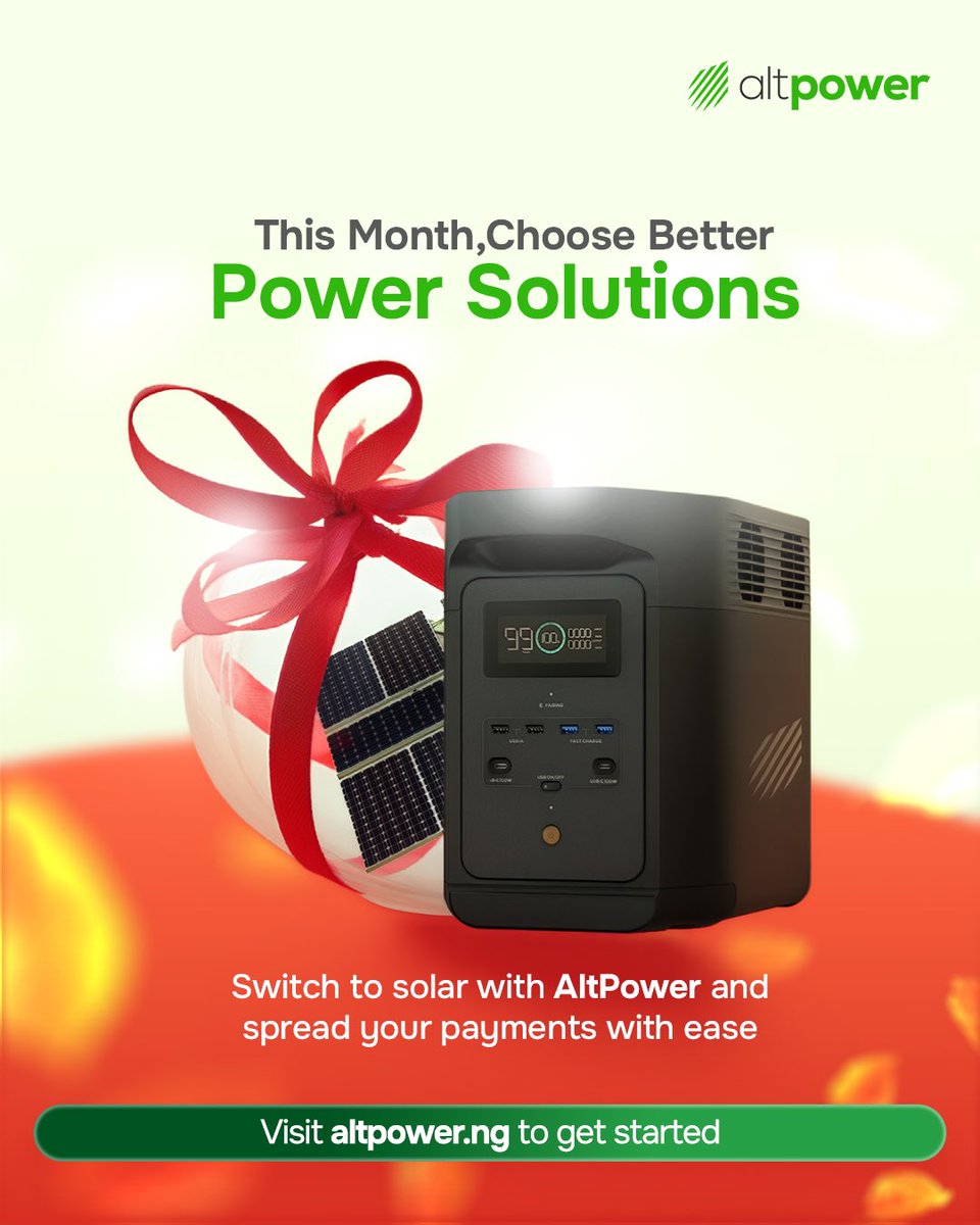 altpowerng's tweet image. New month, new reasons to stay lit with altpower 😉⚡

Switch to solar with altpower and spread your payments with ease.

#altpower #solar